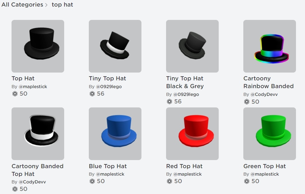 Roblox Top Hats Catalog