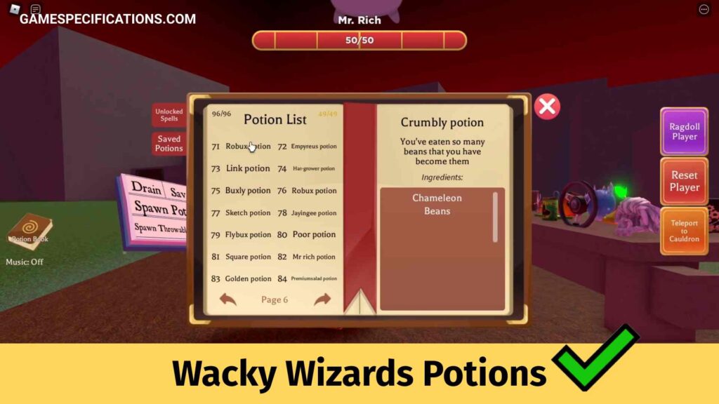 All Roblox Wacky Wizards Potions and Recipes