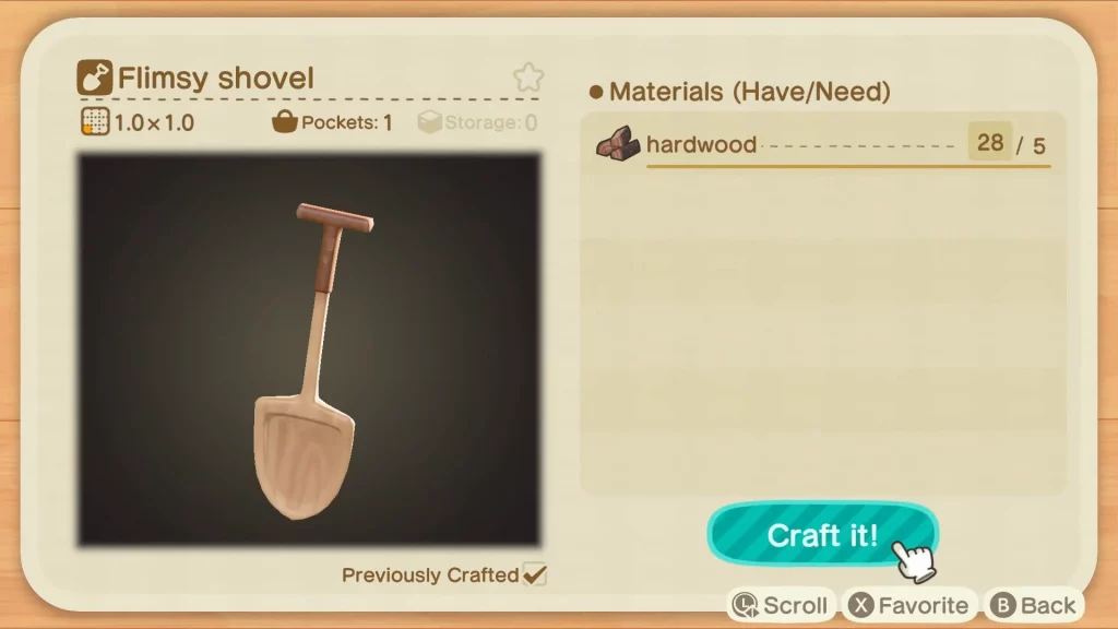Crafting Shovel in Animal Crossing,