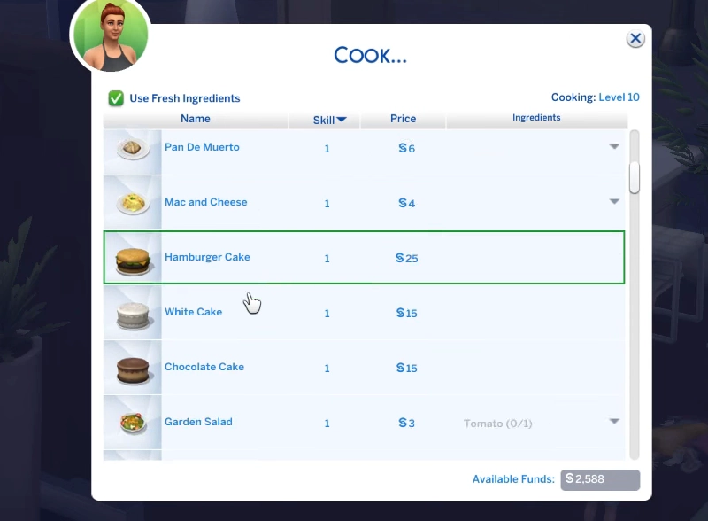 Choosing Cake in Sims 4