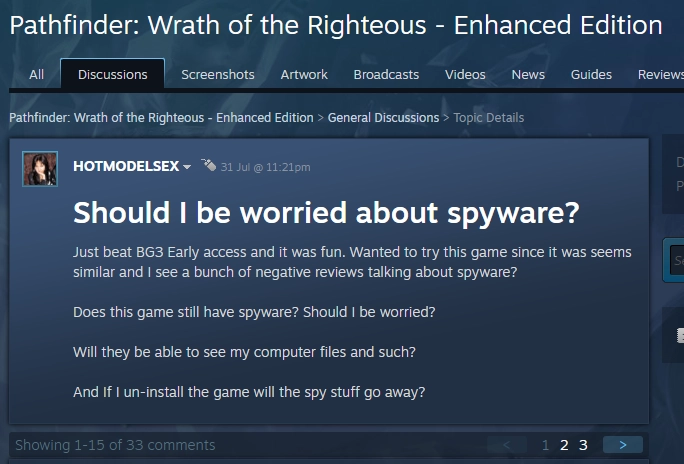 Pathfinder: Wrath of the Righteous Spyware Steam